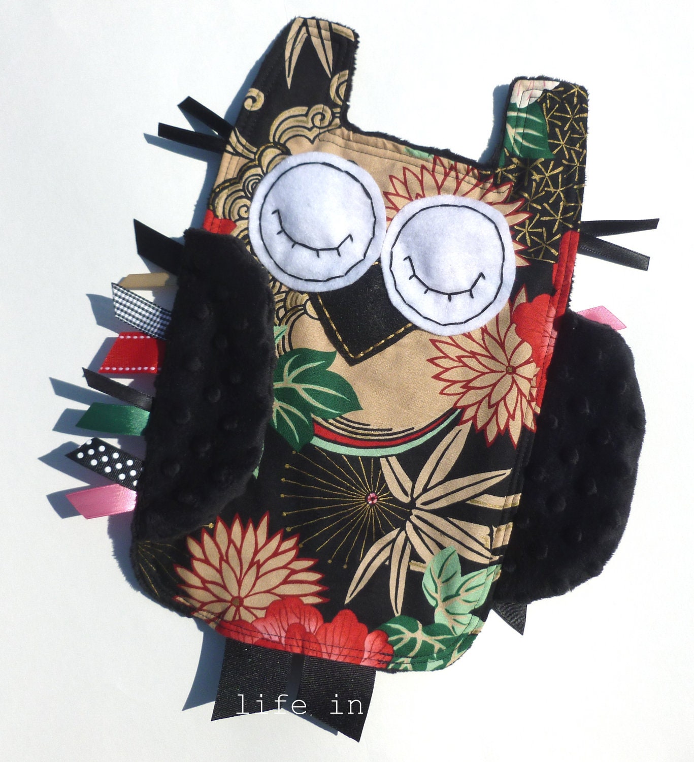 Chinoiserie Baby Gift OWL Ribbon Tag Blankie Blanket Alexander Henry Lady Yang Fabric with Black Minky Blankie Lovey Lovie