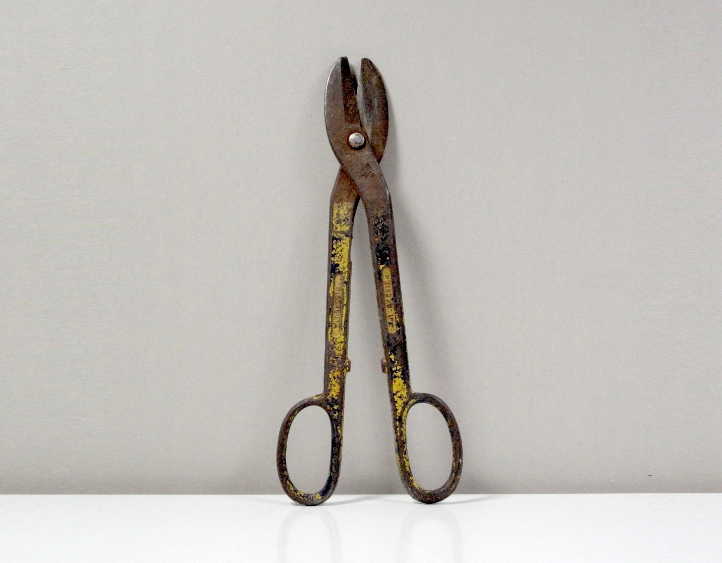 Vintage Tin Snips / Metal Shears by Wissaloy, 16 in., Rustic, Chippy Blue & Yellow Paint, Industrial, Hardware