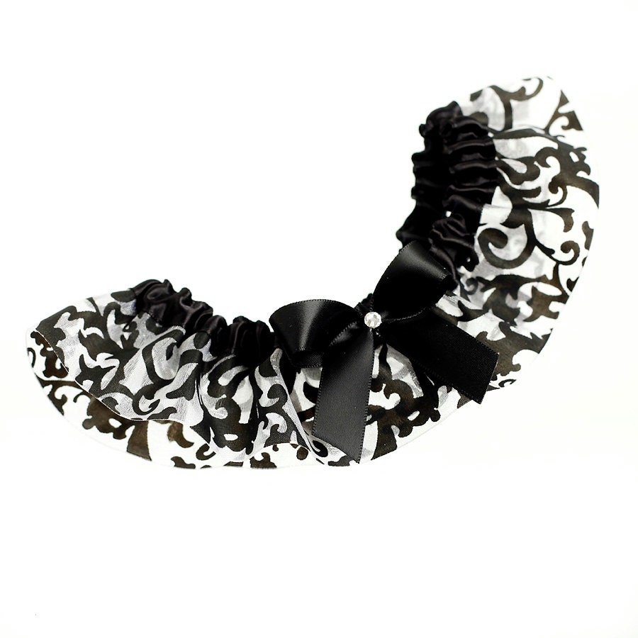 Wedding Garter, Bridal Garter, Prom Garter - Black Boudoir Garter Organza Skirted Damask Black and White Garter SINGLE - MED/LG