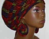 Autumn Chic Wool Crochet Rasta Tam Cap Hat and Earrings with Drawstring