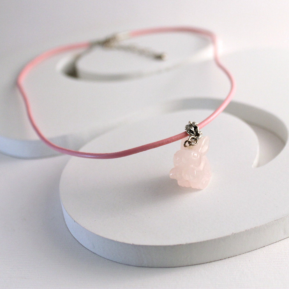 Rabbit Necklace - Rose Quartz, Pendant Necklace, Leather Cord