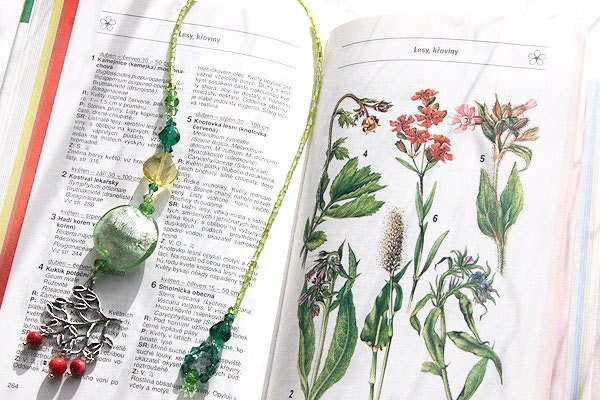 on Vacation / Beaded Bookmark - Red Coral on Silver Branch - Light Green Lampwork Venetian Glass - Perfect Gift for Gardener TAGT