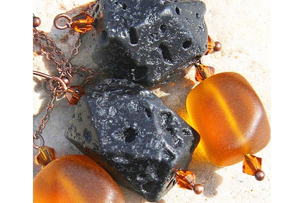Santorini Black Lava Stone Chunky Earrings - Amber Orange Frosted Tumbled Glass - Antiqued Copper Chain Earrings - Hammered Copper