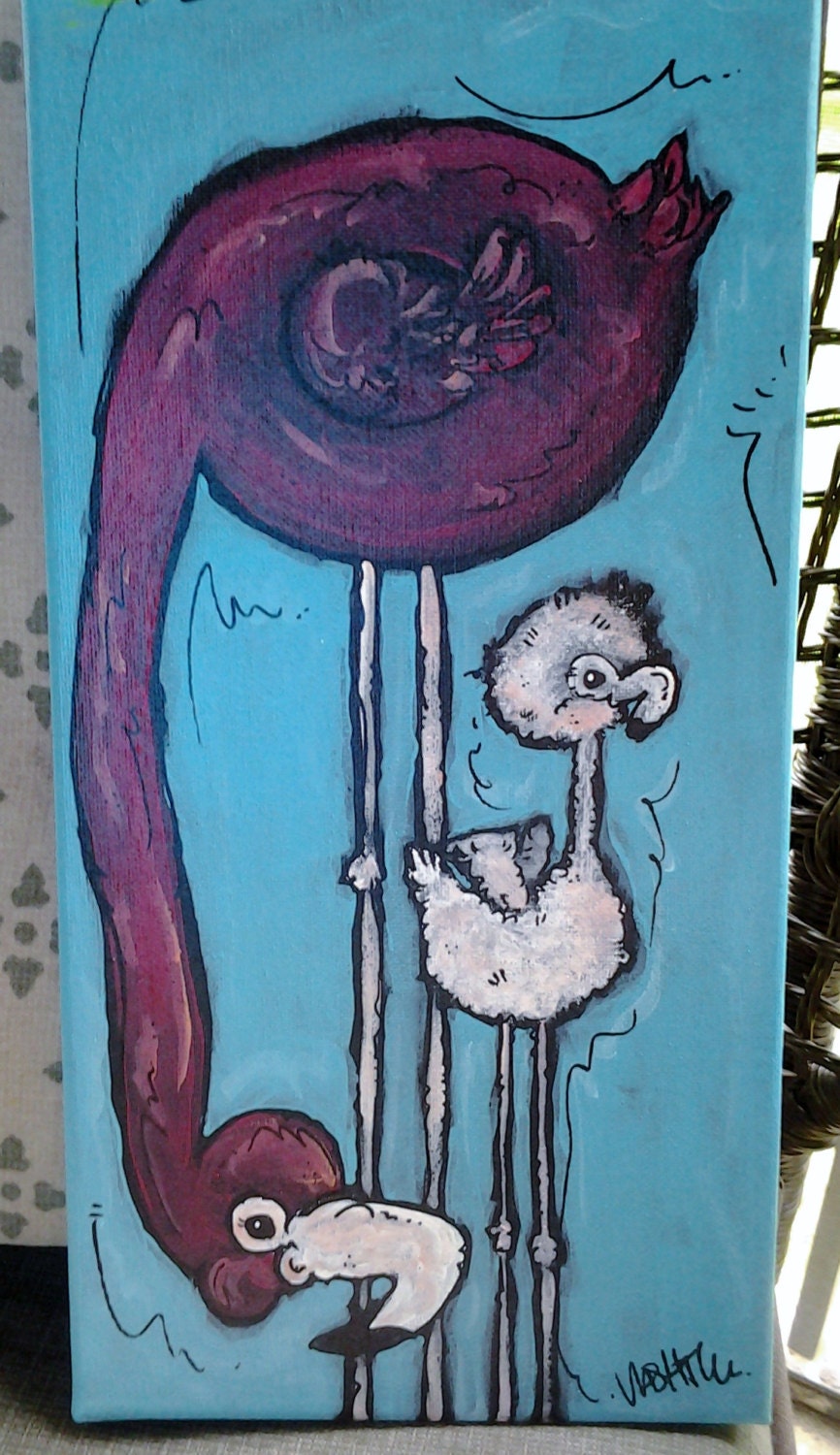 Flamingos/The Baby/Pink Flamingos Painting Acrylic on Canvas Original