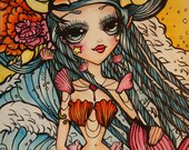 Cute Mermaid Kids Art Oil Painting,Lolita , cute girl, pop surrealism,  Girls room art, Childrens Art, big eye art,gothic lolita  8 by 10