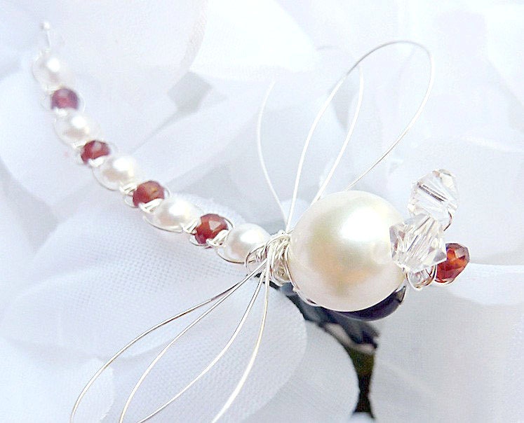 White Pearl and Garnet Bridal Dragonfly Hair Pin, Brooch or Bouquet decoration - Tagt