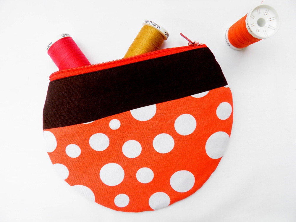 Retro style SMALL zipper pouch 6"x7"  - orange and white dots & brown