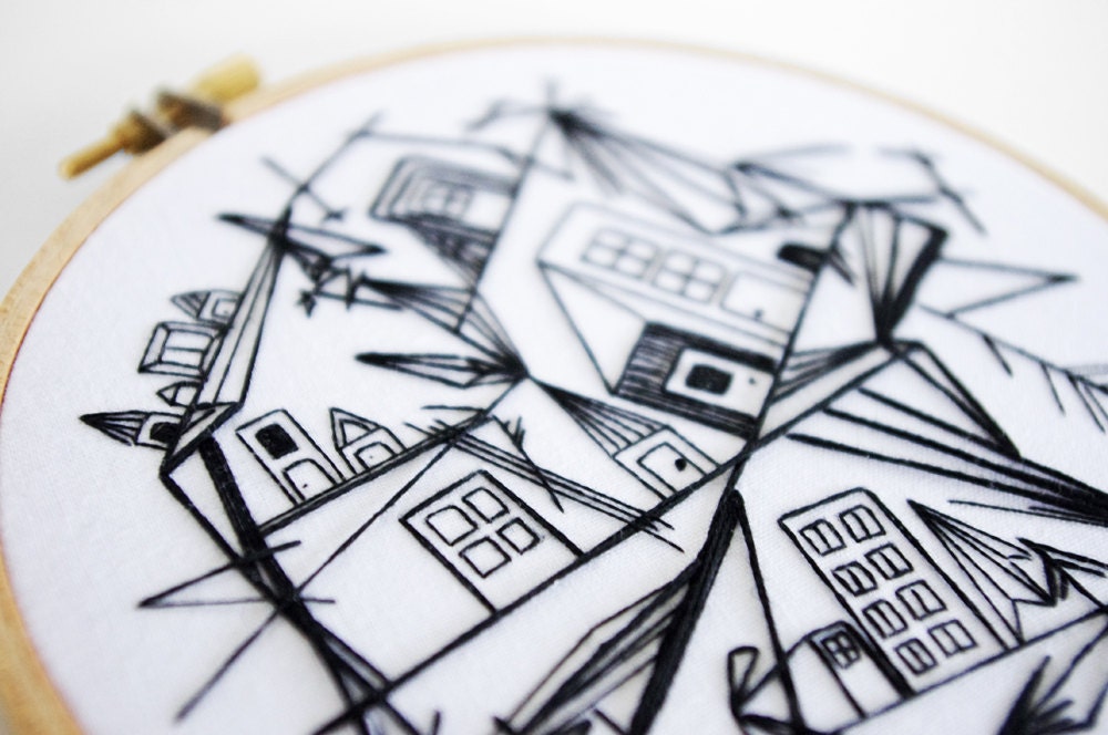Hand Embroidery Illustration - Chaotic City in Black and White - 5 inch Embroidery Hoop Art Original Fiber Art