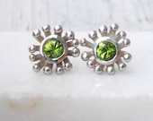 Olive Green Peridot Earring, Sterling Silver Flower Stud, Dainty earring, August birthstone, Green Jewelry, Summer Santorini Weddings