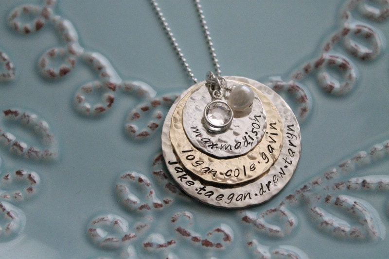 Personalized Hand Stamped-Mixed Metals with Birthstones- Grandmother's Necklace