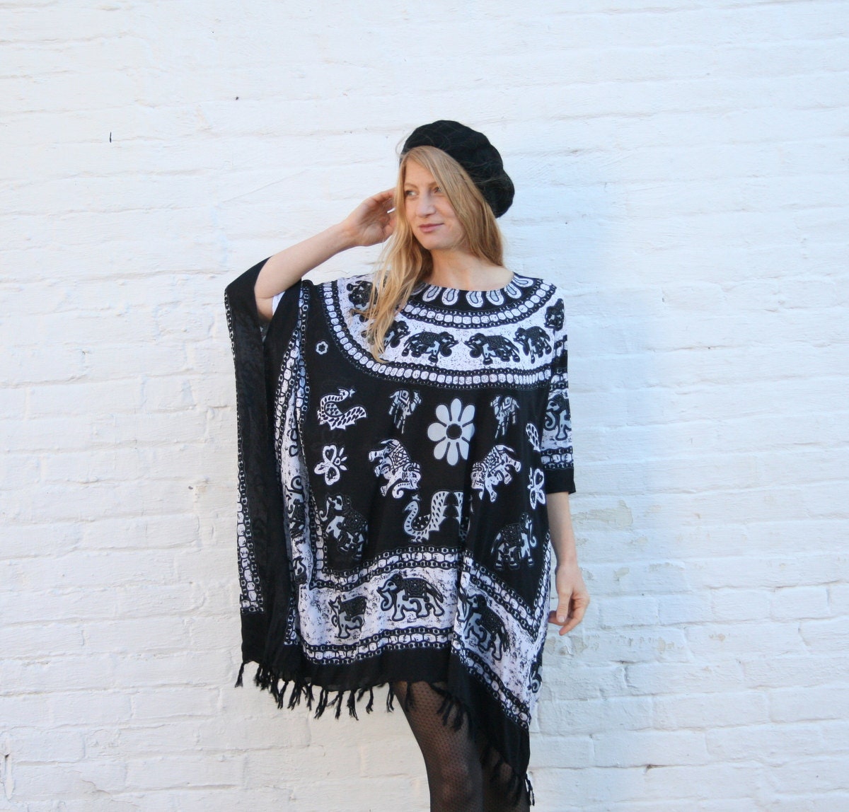 TRIBAL Print  Boho INDIAN Gypsy Kaftan Dress Tunic with Fringe One Size - ELEPHANTS