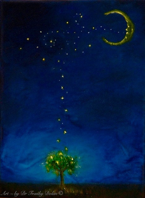 Moon Kisses - 19x13 Fine Paper Large Print of Original Painting by Award - Winning Fae Factory Steampunk Chic Eco Artist, Dr Franky Dolan