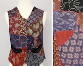 Vintage Patchwork Crazy Quilt 1970s Vest with Antique Buttons and 1940s Novelty Fabric Liner