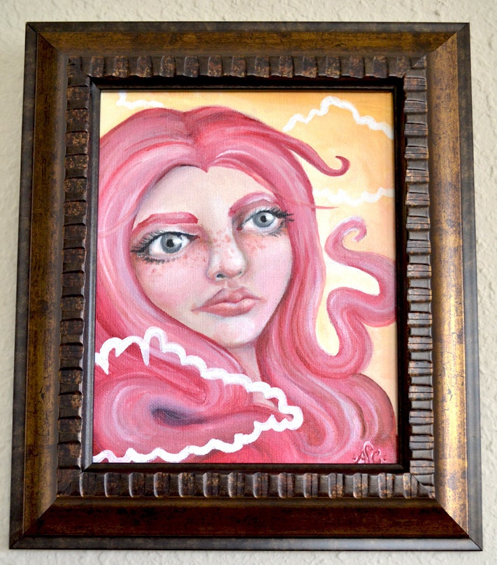 Original framed art surreal oil painting "Head in the Clouds"