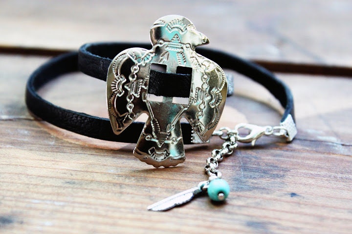 THUNDERBIRD-women's Black Leather Wrap Bracelet/Bohemian/Native/Indian/Navajo/Tribal/adjustable/gift for her