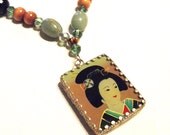 Faded Jade and Mocha Necklace - Reversible Pendant - 2 Gorgeous Geishas, Womens Jewelry, Mint, Moss, Brown, Silver, Green, One of a Kind