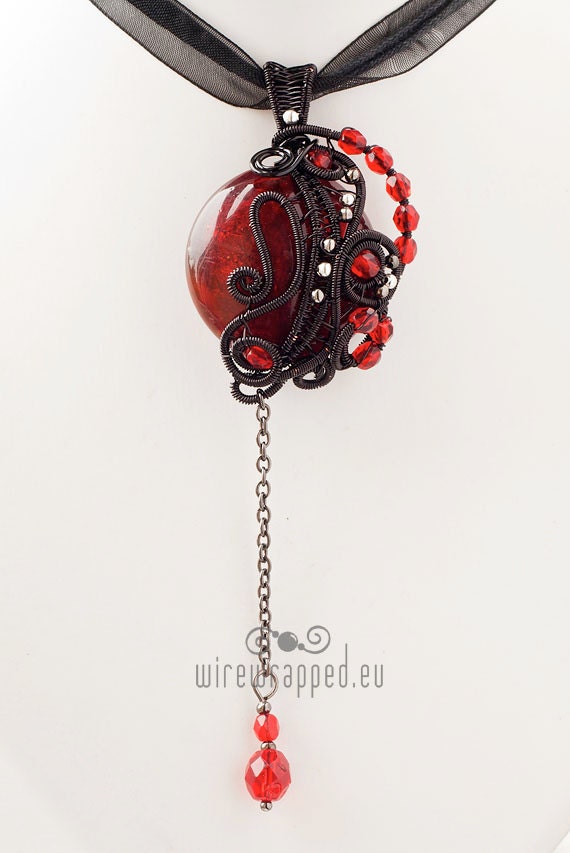 OOAK Red and black goth wire wrapped round pendant