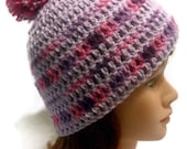 Crochet Purple Striped Pom Pom Winter Hat Small / Medium