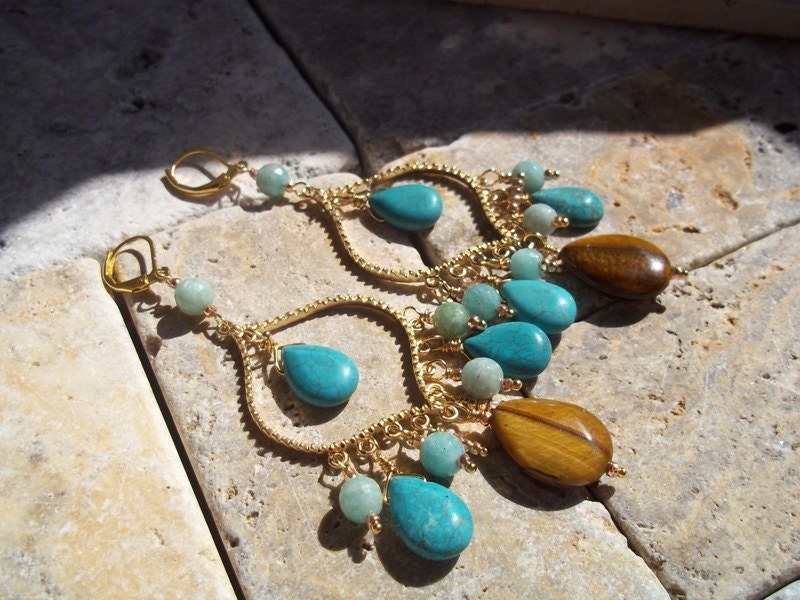 Tiger's Eye, Turquoise Amazonite Bohemian Chandelier Earrings Dramatic Statement Earrings Boho