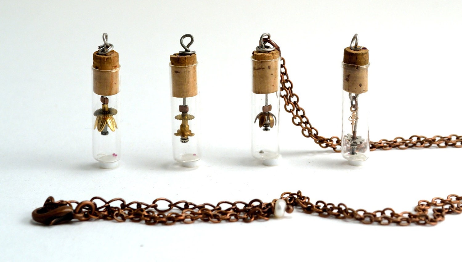 Glass vial necklace, Watch part miniature flowers in watchmakers vials