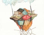 Between Two Chemical Plants (Home) - art print of original painting - home sweet earth dream catcher nostalgia
