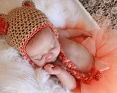 Handmade Baby Bear Hat with Ear Flaps and Small Flower - Tan w/ Peach Trim, Flower, and Braided Ties