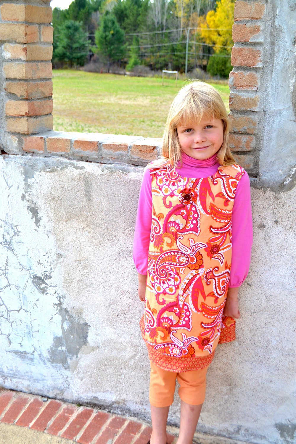 Reversible Orange Floral Paisley Geometric Girls Designer Cotton Dress Size 8