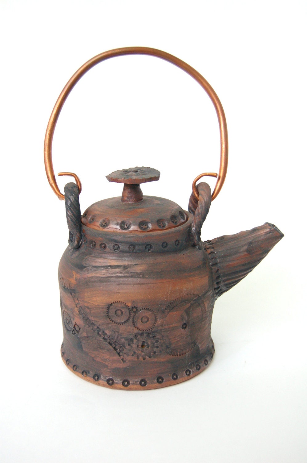 Steampunk Teapot, Stoneware OOAK ceramic pottery kitchen housewares dining serving art pot with copper handle in dark brown and turquoise
