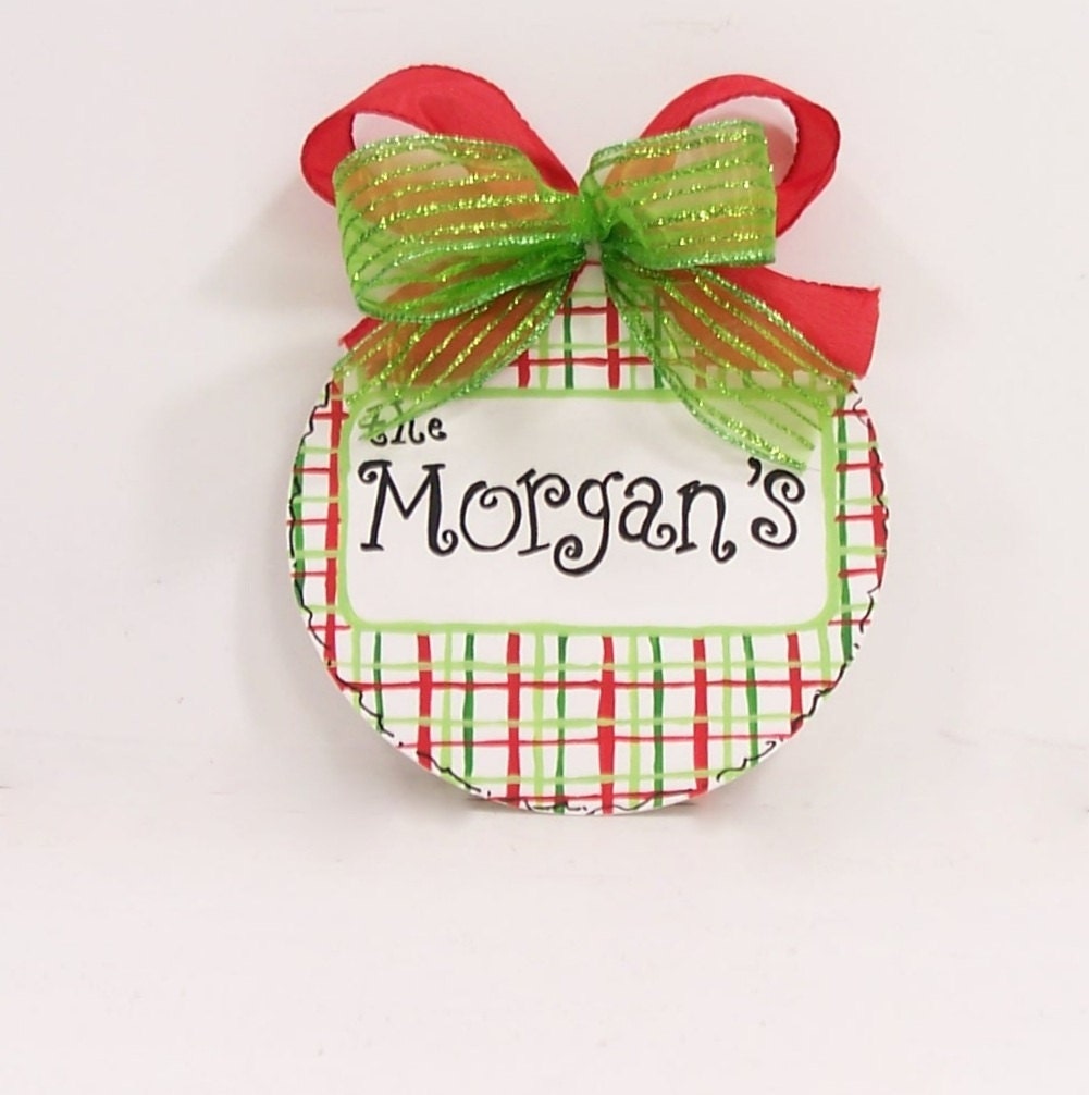 Personalized Ornament Christmas tree monogram Hand-painted plaid holiday decoration
