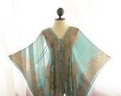 Ancient Indie Summer Turquoise Cerulean Seafoam Blue Persian Paisley Poncho Kaftan Scarf Shawl Cover Up Butterfly Wings Sheer Chiffon Kaftan