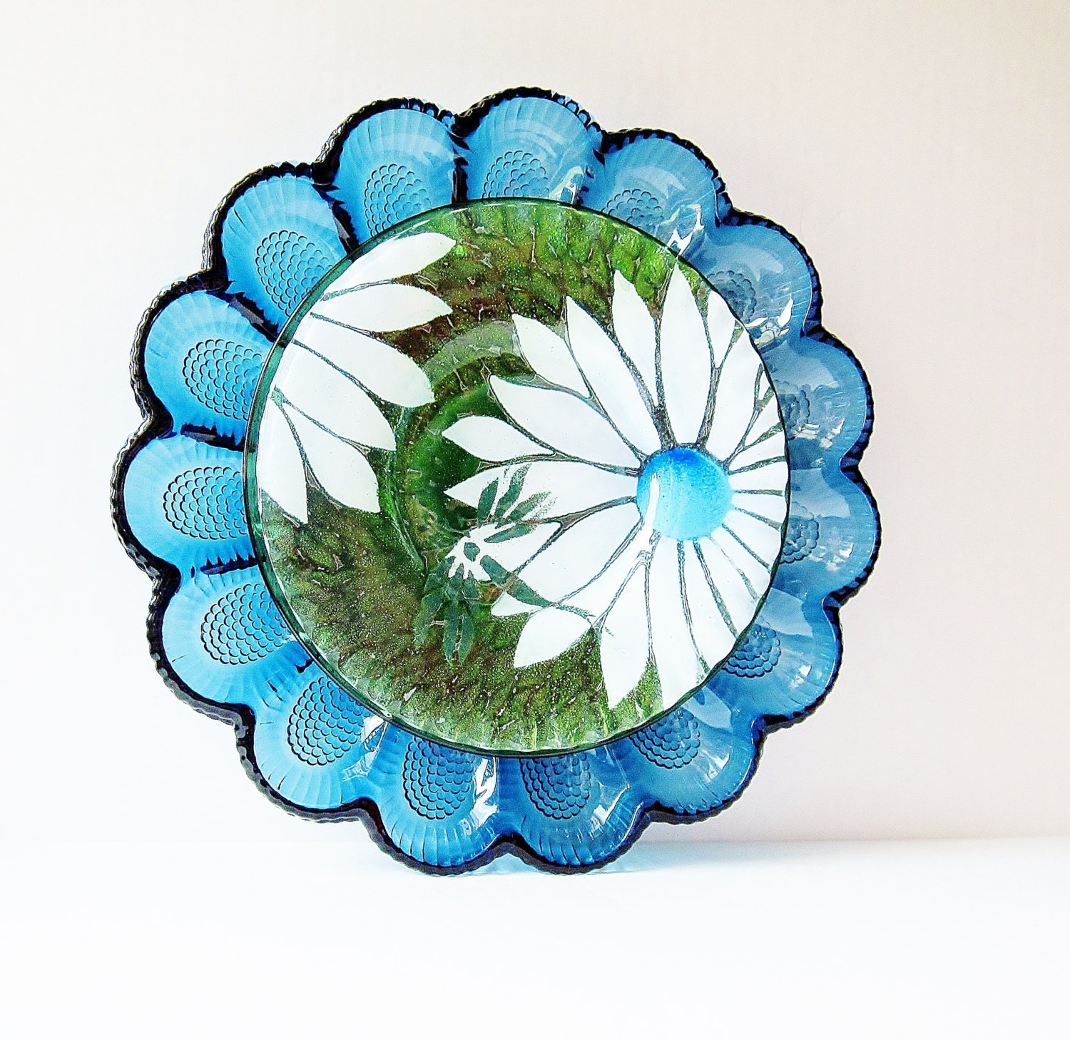 RESERVED FOR Marie Glass Egg Plate Flower Dragonfly Garden Art Yard Decor Vintage Suncatcher Reclaimed Material ELLIE