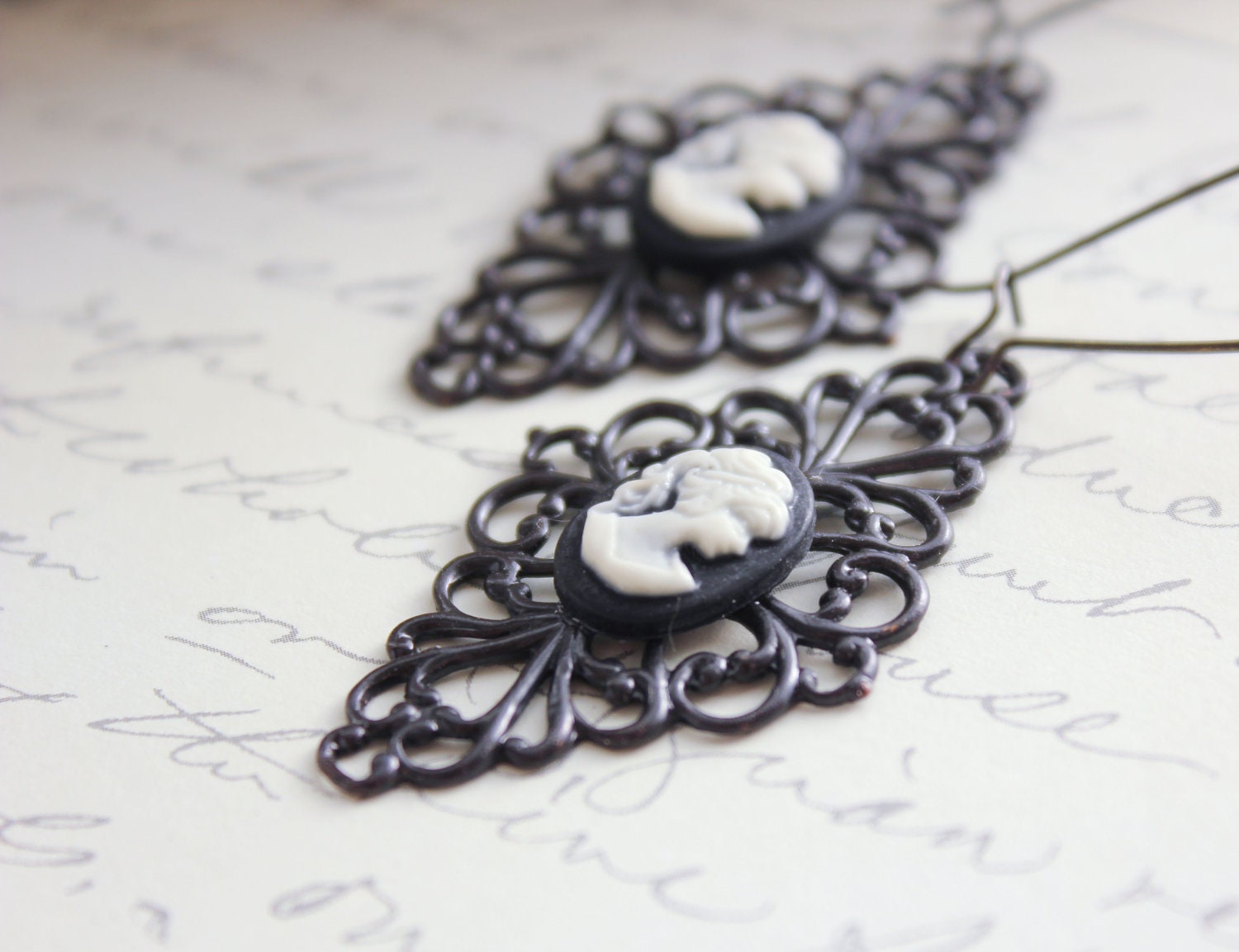 Black Filigree Earrings, Lady Face Cameo Patina Jewelry Lace Filigree, Victorian Romantic, Long Dangle Earrings Large Drop Rustic