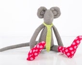 Ooak plush mouse doll - Urban gray Minimalist Mouse Wearing red dotted pink socks and Neon Green Tie  - timohandmade Eco Stuffed fabric Doll