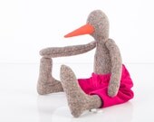 Minimalist Modern toy eco Bird Doll - Gray bird, duck, penguin made from Woven silk Wearing neon pink  corduroy - handmade