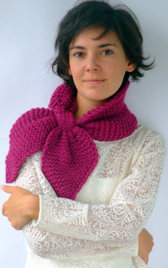 Knitted bow scarf in purple / fuschia color, wool, alpaca, acrylic
