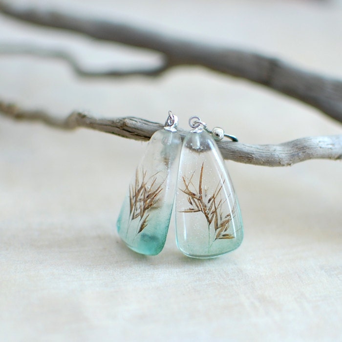 Pressed botanical resin earrings, nature lover gardener gift, preserved specimen - coastal grass