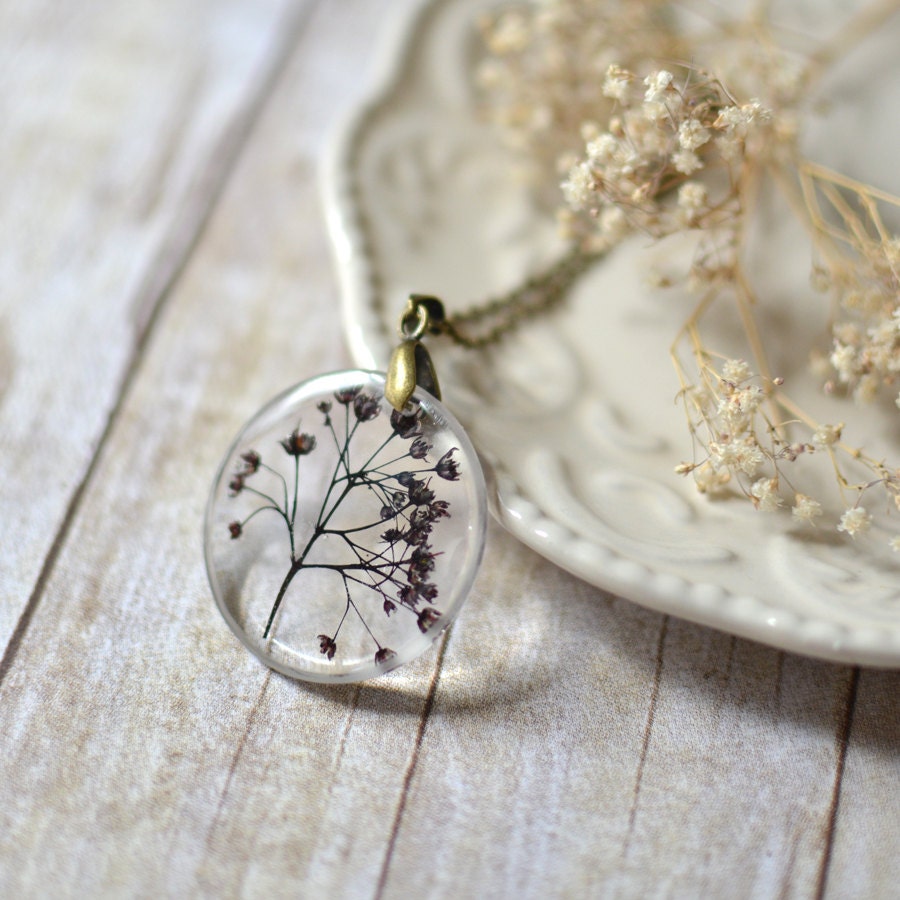 Real pressed flower botanical necklace- Resin Pendant nature inspired jewelry