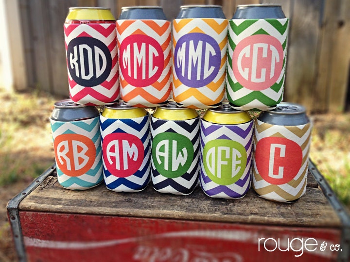 chevron koozie with monogram - choose from 9 different chevron color combos - see pic 2 to view options