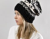 Ski Sweater Knit Hat - Fair Isle Print in Black and White