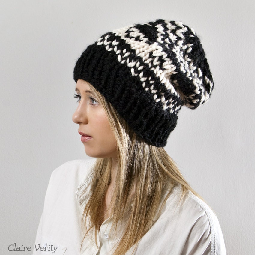 Ski Sweater Knit Hat - Fair Isle Print in Black and White