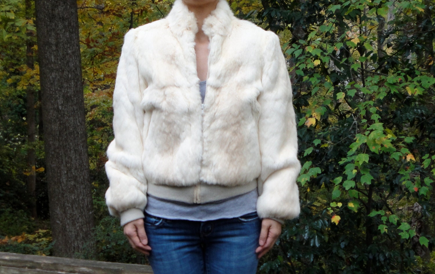 vintage women light golden cream white fur cropped jacket coat outerwear (small - medium)