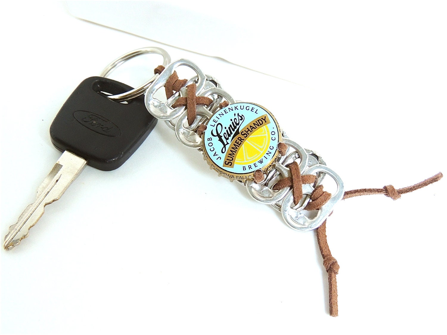 Pop Tab and Bottle Cap Keychain - blue and yellow - eco-friendly/upcycled gifts - under 10 dollars