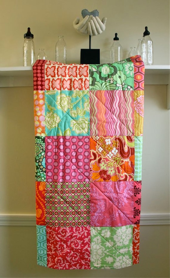 Baby Quilt - Sunny Summer - Blanket for Baby Girl in Pink, Turquoise, Orange, Yellow, Green