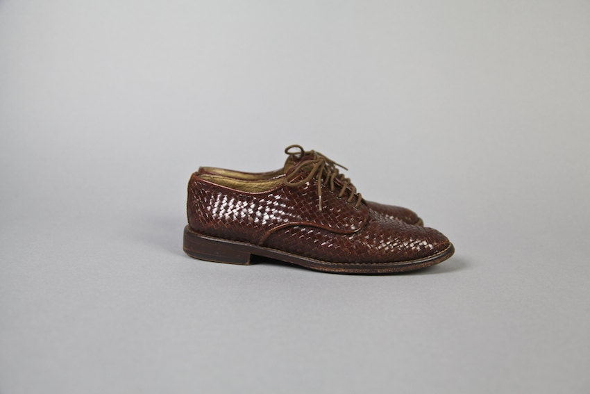 vintage oxfords, 1990's brown woven leather oxford lace up shoes, size 7.5, 37 1/2