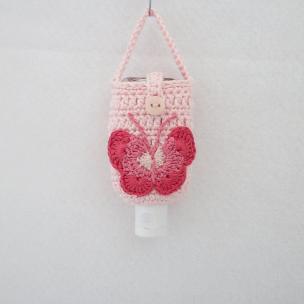 Crocheted Hand Sanitizer Holder/Cozy in Blush w Dark Pink Butterfly