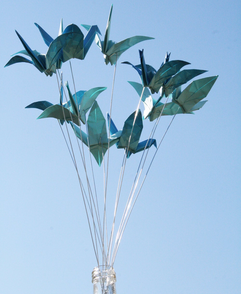 Bluebirds Flying Origami Flower Bouquet - Paper Decoration - Outdoor Garden Decor - Origami Decor