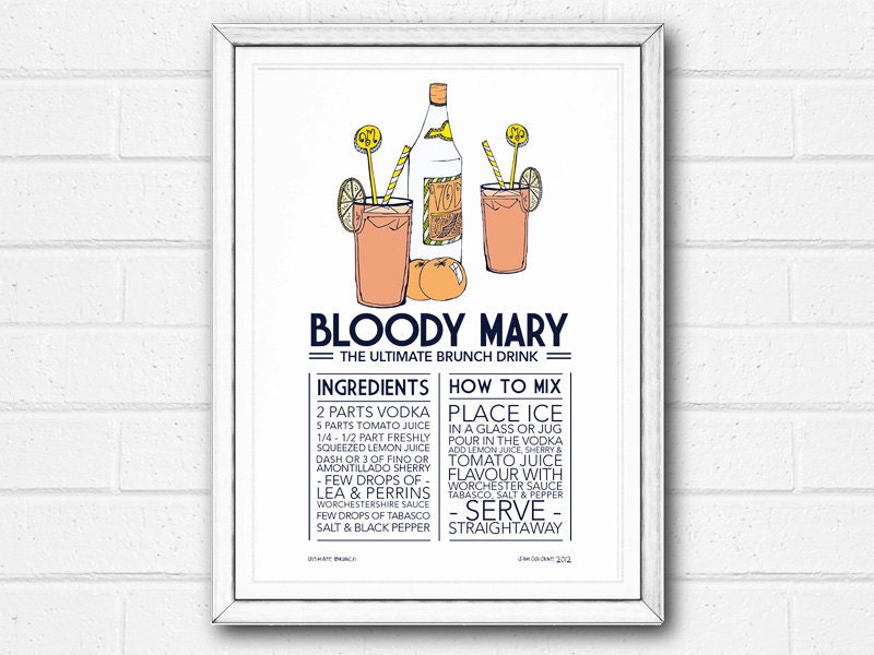 Print Cocktail Recipe Bloody Mary Vintage Art Deco Style Typographic Kitchen Wall Art Gift