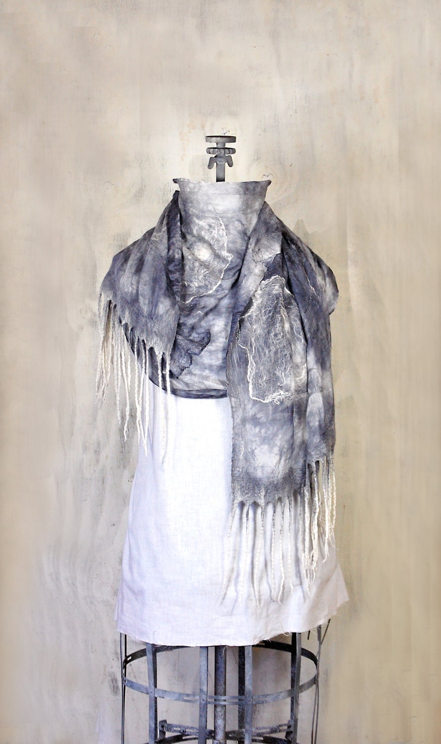 Nuno Felt Silk Scarf /Wrap Hand Dyed Silver Grey Art Scarf