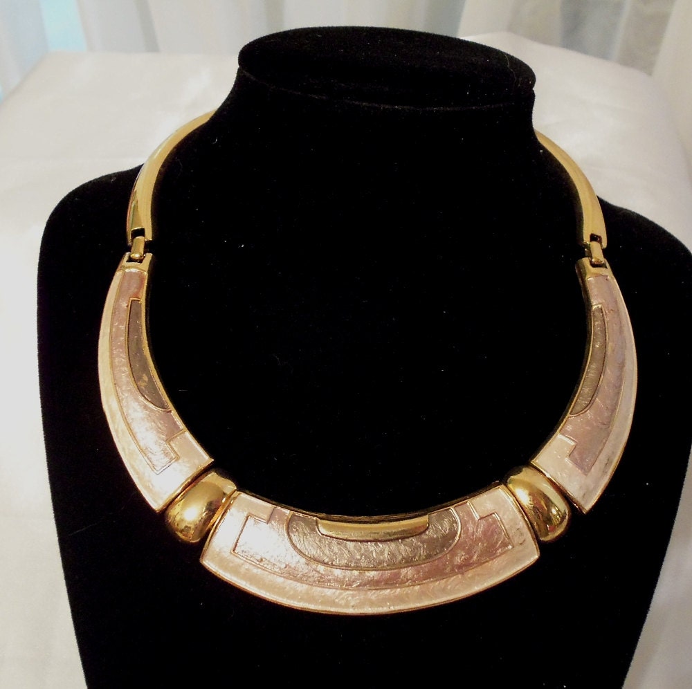 Art Deco Necklace, Formal Modern Choker, vintage retro 1970s Neck Piece, Blush Rose n Gold.  Wedding Jewellery