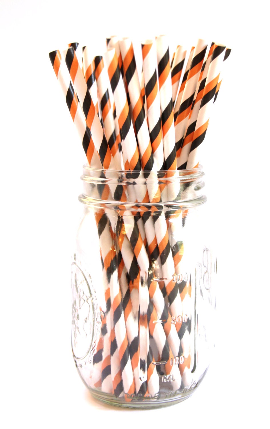 50 Orange, Black, and White Halloween Stripe Paper Straws (7.75 inches long) - Food Safe, Durable, & Bio-degradable
